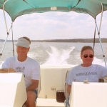 Dos Amigos cruising out on the lake in our beautifully restored '75 Century Trident.  My buds!...A former jar-head Marine & and a retired Air Force Aviator. - And I'm just a burned-out old hippie who used to go watch the anti-war demos in Washington back in the days of Vietnam! (?) -- Go figure!