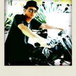 Trying on a custom Harley