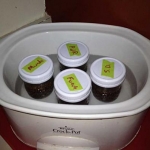 My first four cigars in their jars, in the crock, running on "low" overnight...