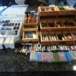 Much of my gear spread out on counter. Some DIY concentrates on left, Rebuildable tools center, and APV Box right