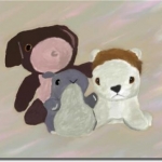 I did this as a Christmas present for my younger brother. His childhood stuffed animals, well-worn. Used Wacom and Gimp.