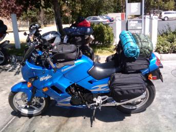 2007 Kawasaki Ninja 250 loaded for a week long riding/camping trip from Sacramento, CA to WA and back down 101/Hwy. 1 :) 08/2010