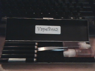 Case interior with 5 batteries, tweezers, and 20 ml of juice.