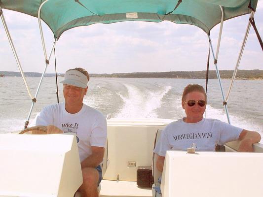 Dos Amigos cruising out on the lake in our beautifully restored '75 Century Trident.  My buds!...A former jar-head Marine & and a retired Air Force Aviator. - And I'm just a burned-out old hippie who used to go watch the anti-war demos in Washington back in the days of Vietnam! (?) -- Go figure!