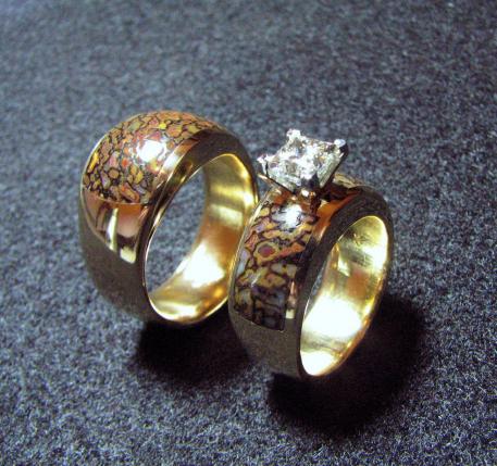 Gem Dinosaur Bone and Diamond Wedding Set
