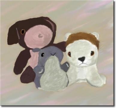 I did this as a Christmas present for my younger brother. His childhood stuffed animals, well-worn. Used Wacom and Gimp.