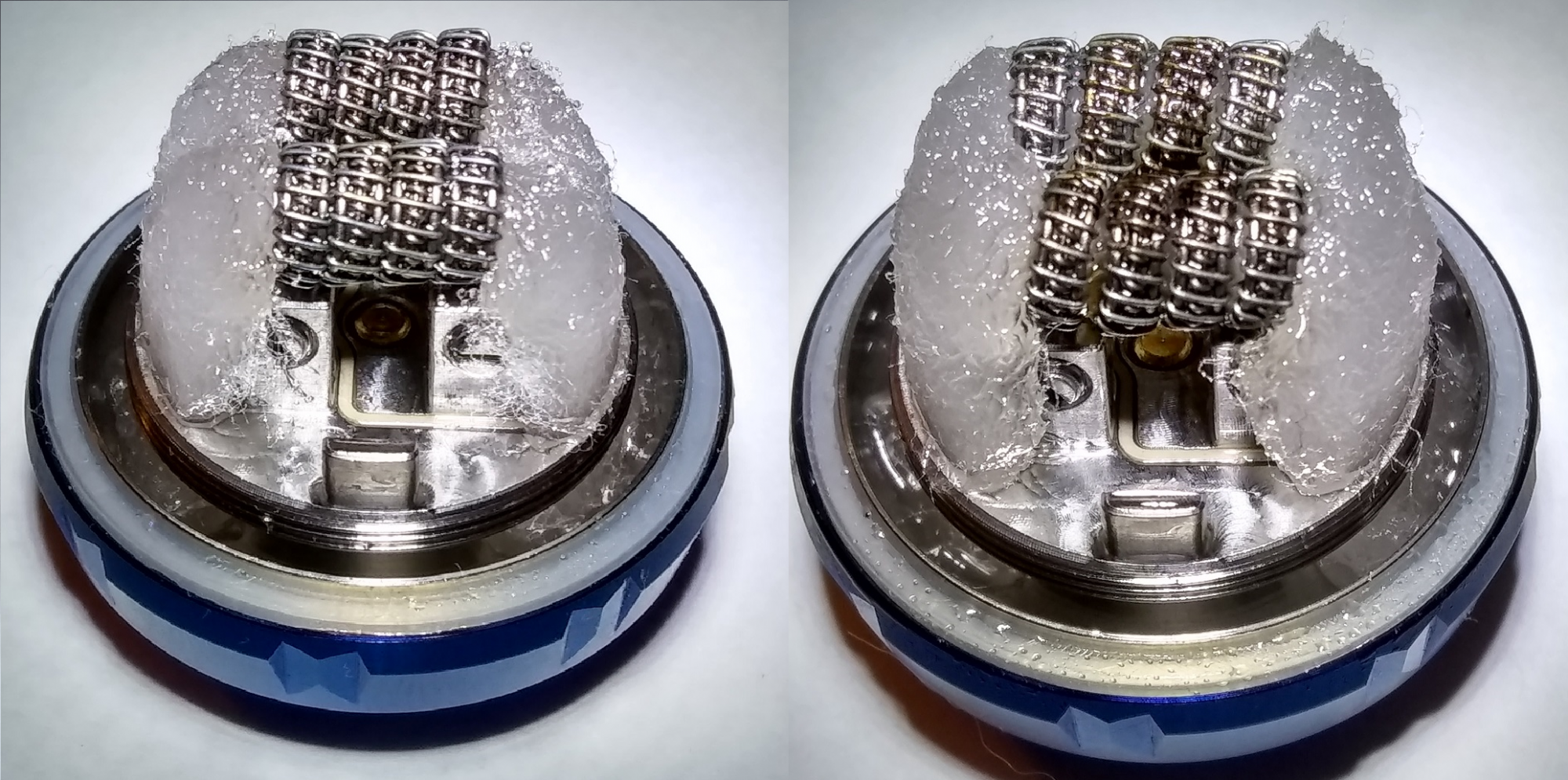 Identical 0.12Ω dual build, contact 110W (left), spaced 100W (right)