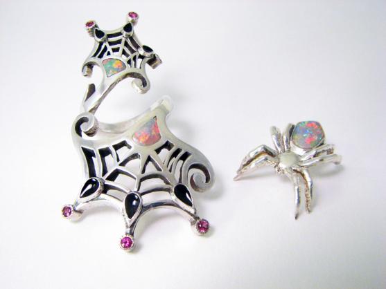 Lightening Ridge Opal Spiderweb Ring with detachable spider.