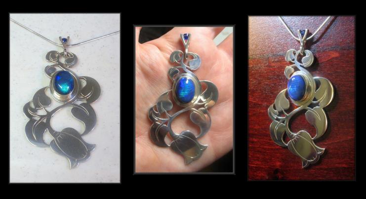 Lightning Ridge Opal pendant with tension set sapphire bail~ Featured on the cover of Art Jewelry Magazine.