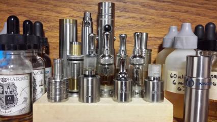 My Home made wood stand.
Nemesis Clone, ego-c Twist 650 mah, iTaste SVD, Fogger V4, 2 Aspire K-1, Smok Carto-Tank, 2 Aspire Nautilus Mini, Plume Veil 1.5 Clone, Trident RDA, 2 IGO-W.