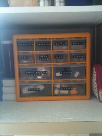 organizer 1:  cheap little 7.99 organizer i got at harbor freight.  fits into my kitchen cabinet.