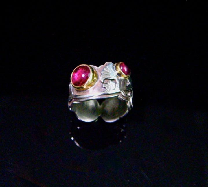 Rubellite Tourmaline ring~ made with two high quality natural bright pink  or "rubellite" tourmaline cabs with 22k gold and sterling silver. Overlay is pierced and engraved by hand.