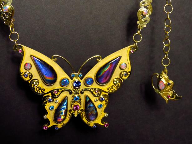 Spectrolite and Opal Butterfly Necklace
