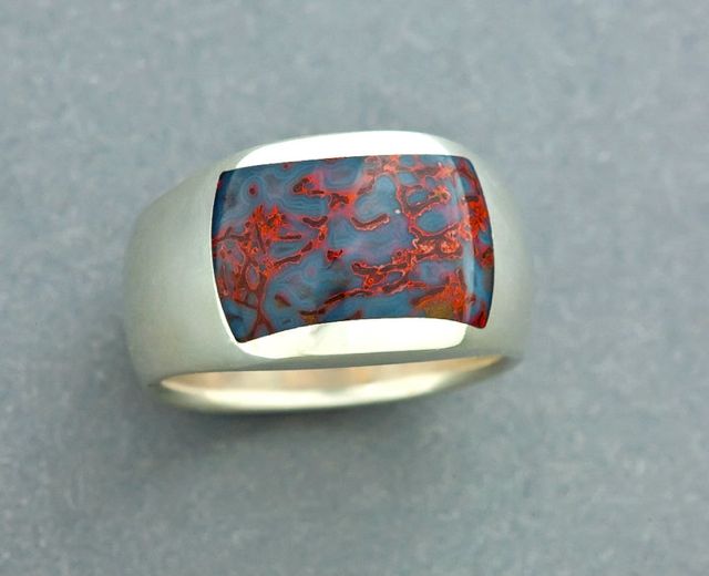 Sterling Agatized gem dinosaur bone Inlay RIng