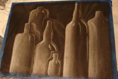 Still life of bottles. Charcoal.