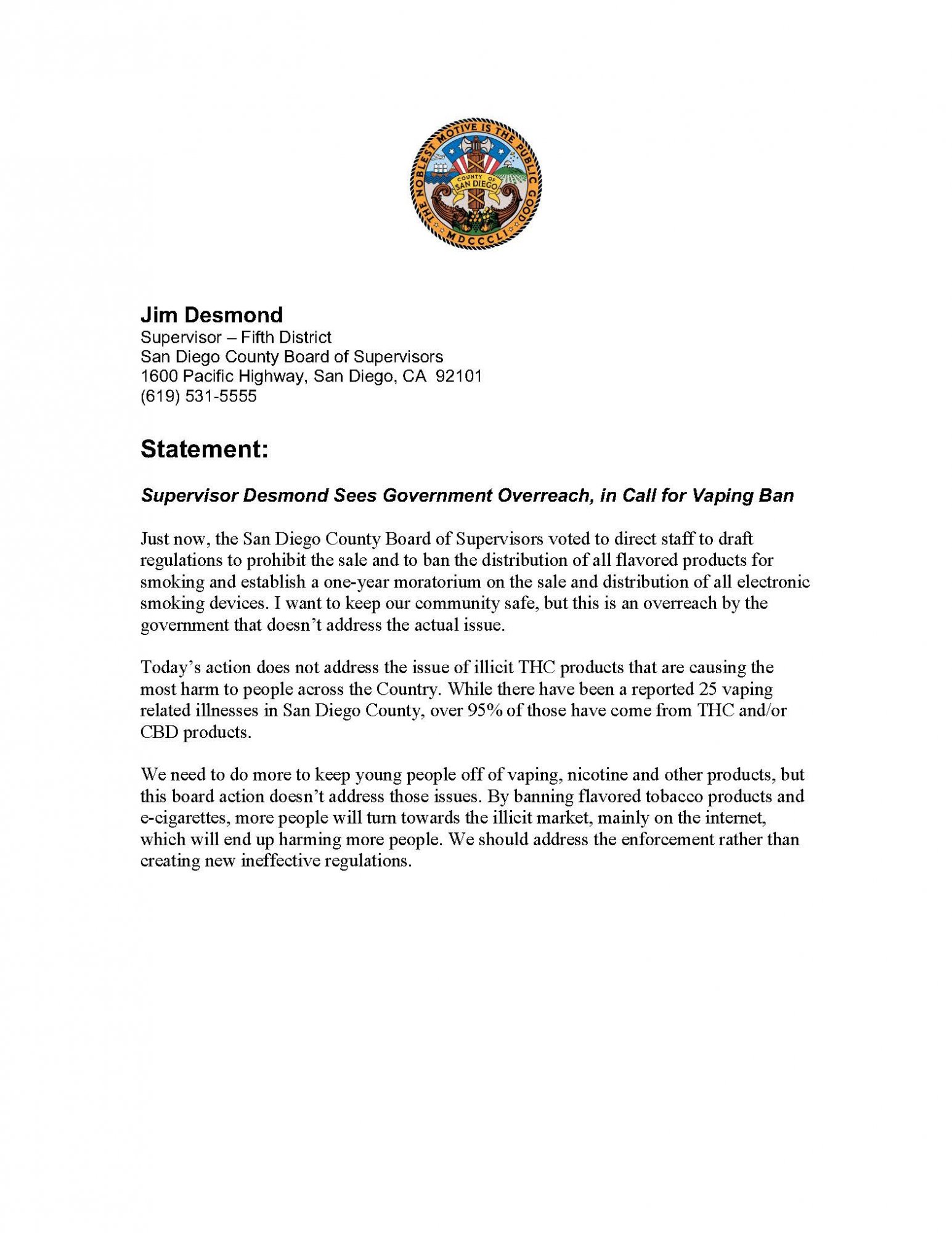 Supervisor Jim Desmond San Diego Ban Statement