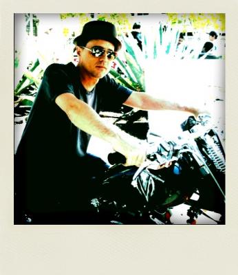 Trying on a custom Harley