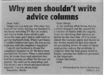 WHY MEN SHOULDN'T WRITE ADVICE COLUMNS: