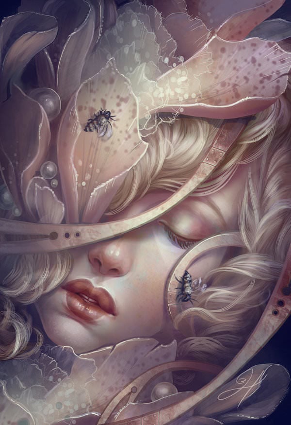 A-beautiful-fantasy-girl-sleeps-in-the-heart-of-a-flower-surrounded-by-bees-in-this-digital-painting-by-Jennifer-Healy.jpg